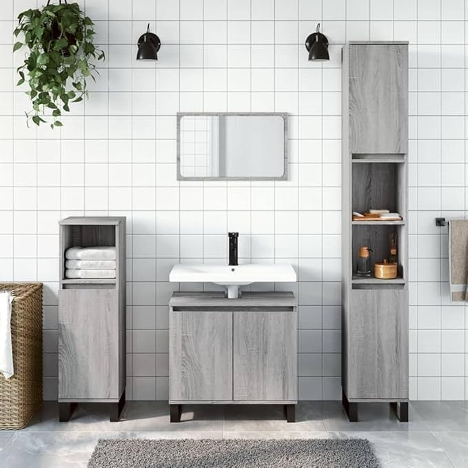 Grey Oak Under Sink Bathroom Cabinet 58cm Modern Vanity Unit
