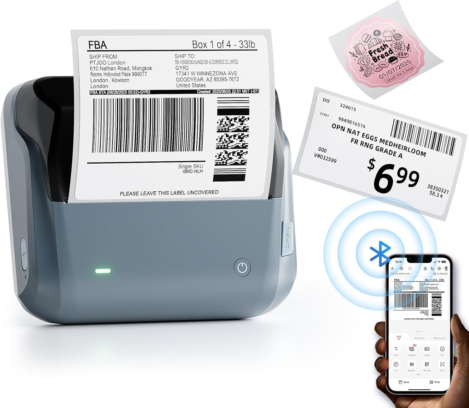 Bluetooth 4x6 Thermal Shipping Label Printer Blue Portable