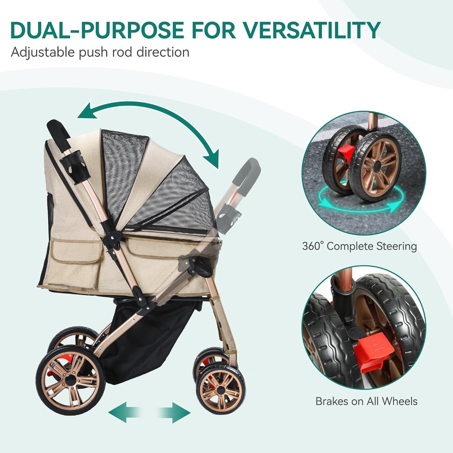 Dog Stroller with Reversible Handle Foldable Pet Pushchair 4 Wheel Travel