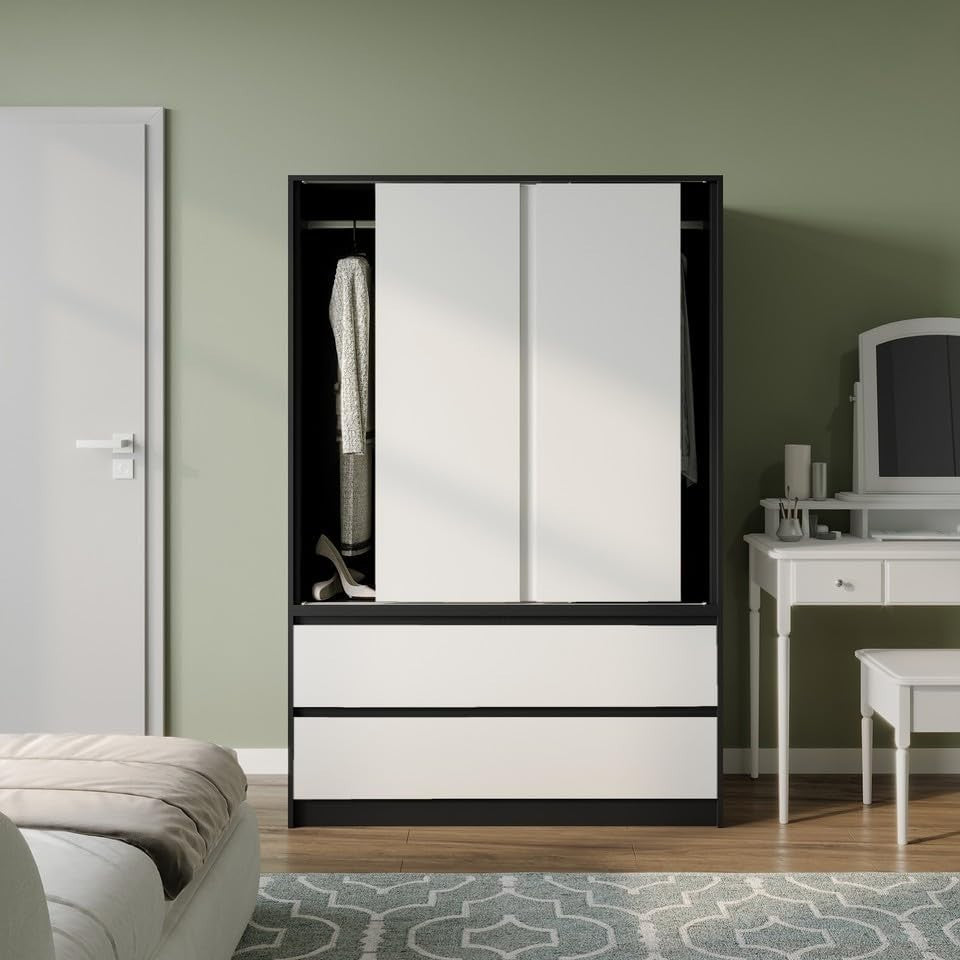 White Sliding Door Wardrobe with 4 Drawers & Hanging Rail – Space Saver