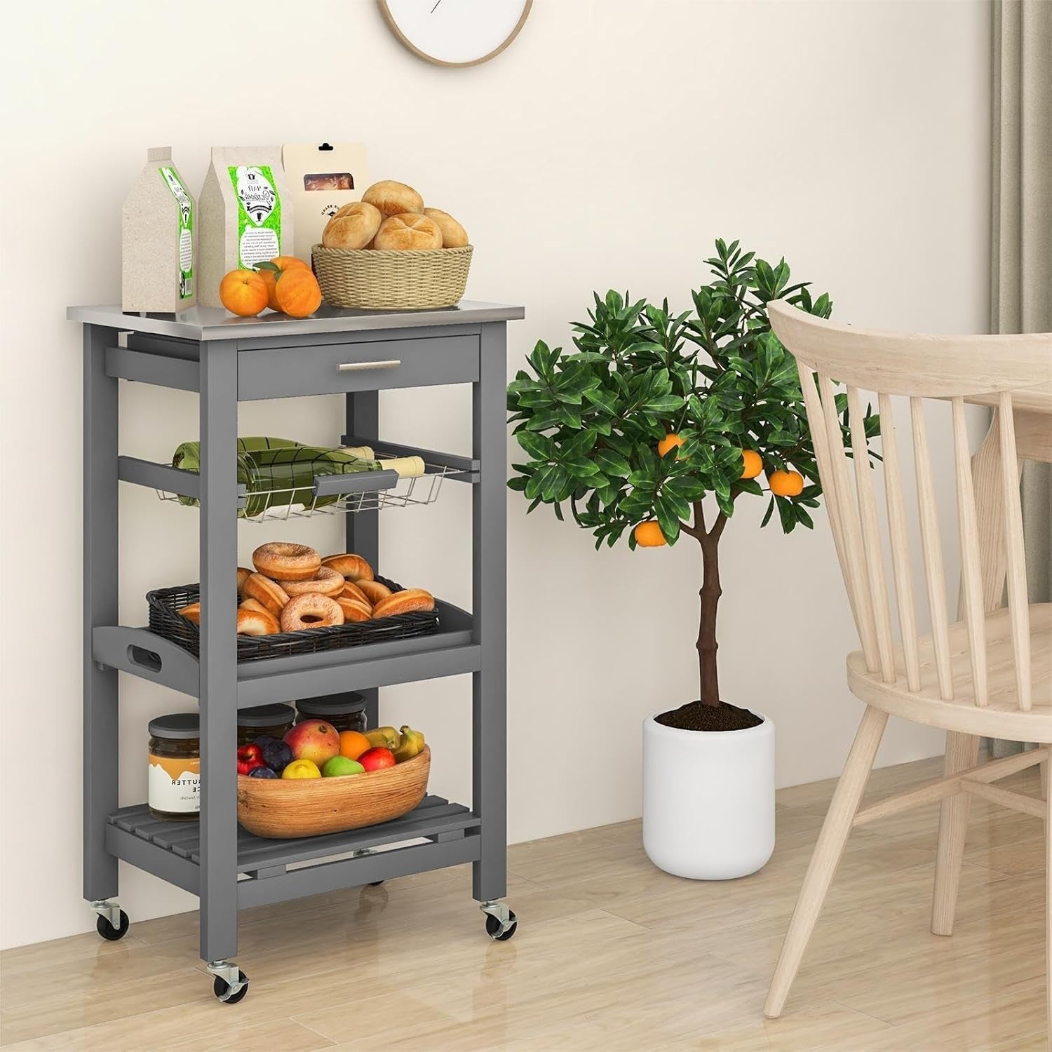 Kitchen Trolley on Wheels w/ Stainless Steel Top Drawer