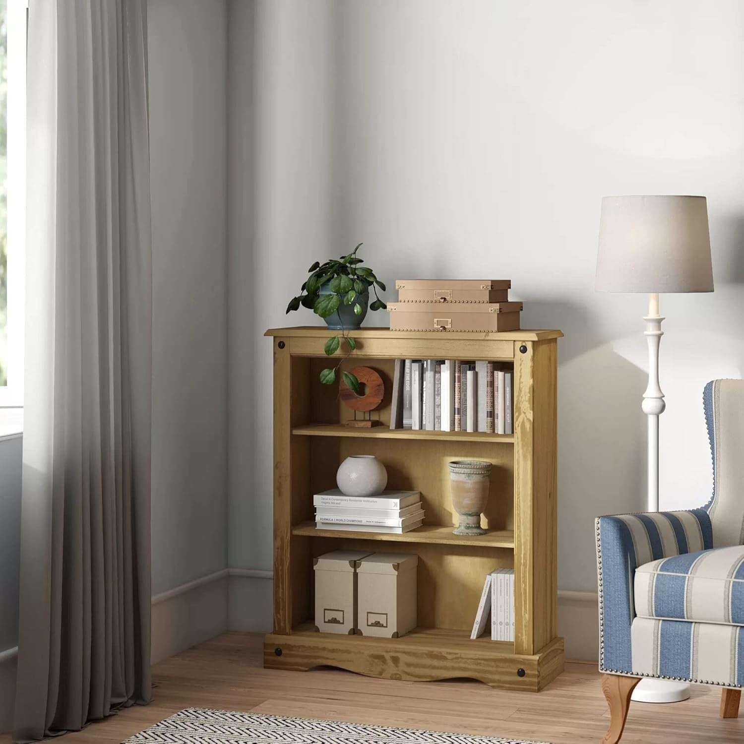 3 Tier Solid Pine Wooden Bookcase Rustic Small Storage Shelf 75x29x100cm