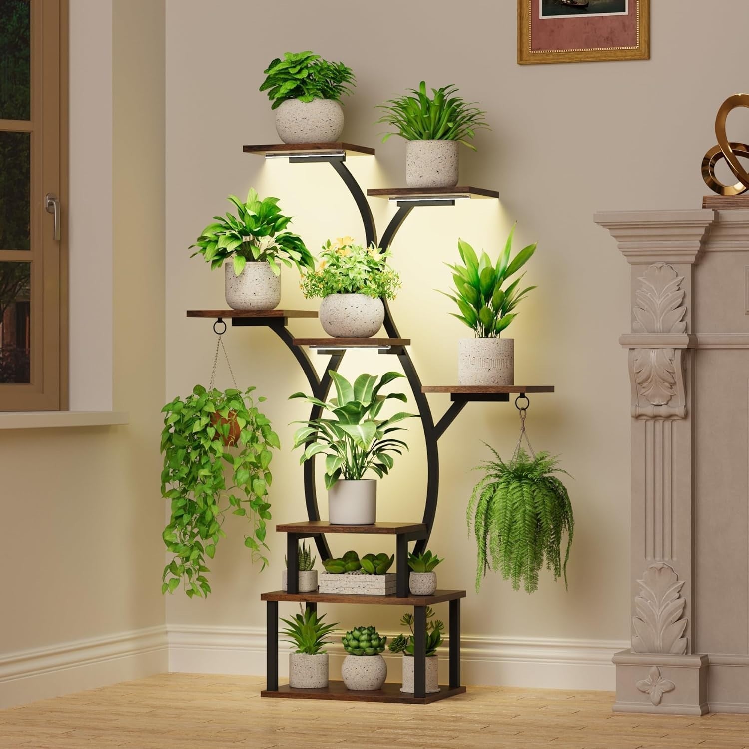 8-Tier Metal Plant Stand with Grow Lights, 122cm Indoor Flower Shelf Rack