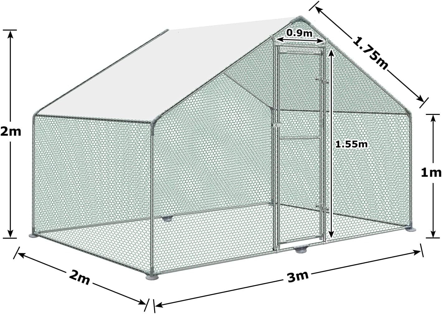 Walk In Chicken Run 3x2x2m Galvanised Steel Outdoor Pet Enclosure With Roof