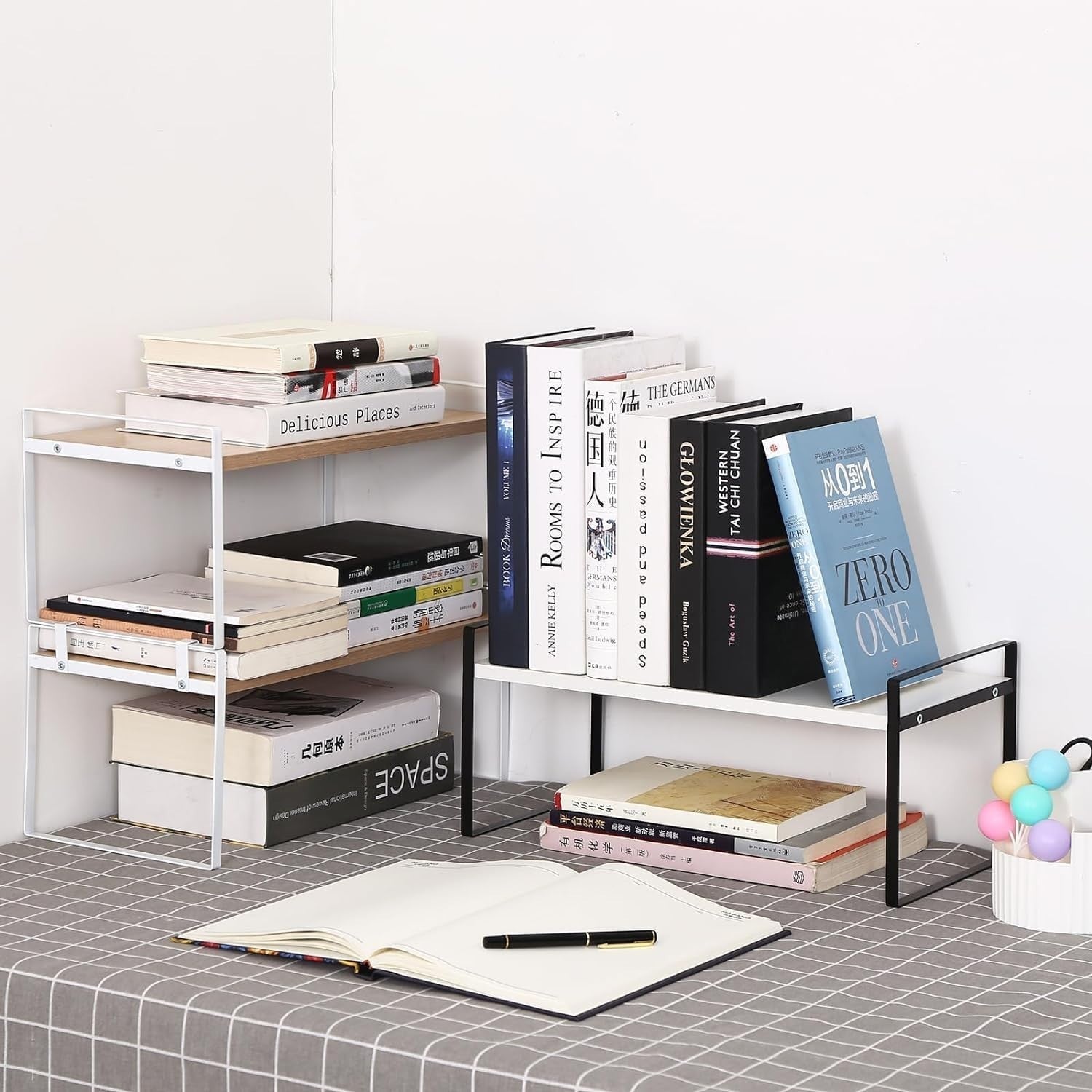 Adjustable 2-Tier Wood Desk Shelf Organizer Freestanding Desktop Storage Rack