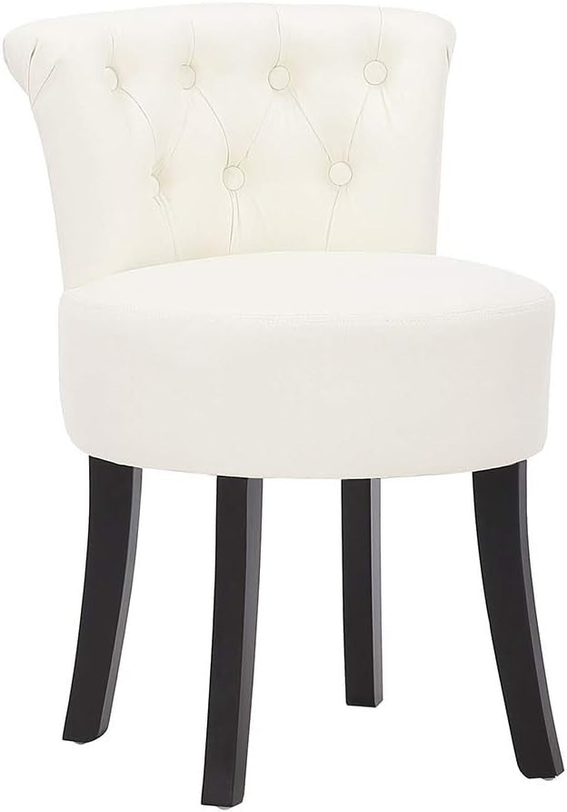 Beige High-Back Vanity Chair – Padded Dressing Table Stool with Wood Legs
