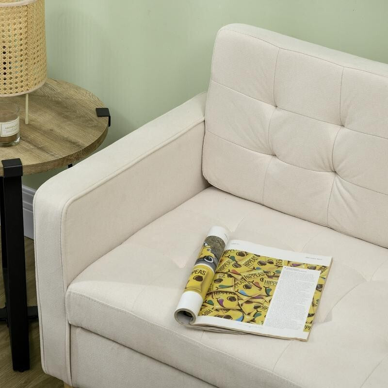 Modern 2 Seater Sofa w/ Storage, Tufted Cream Cotton Couch, Wood Legs 117cm