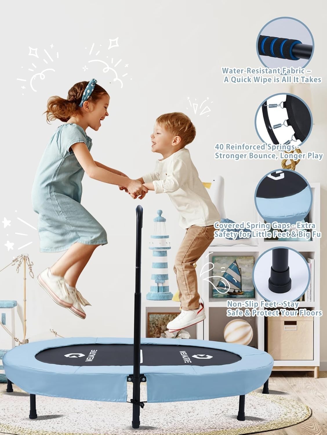 Oval Indoor Trampoline for Two Quiet Rebounder Handle 150KG