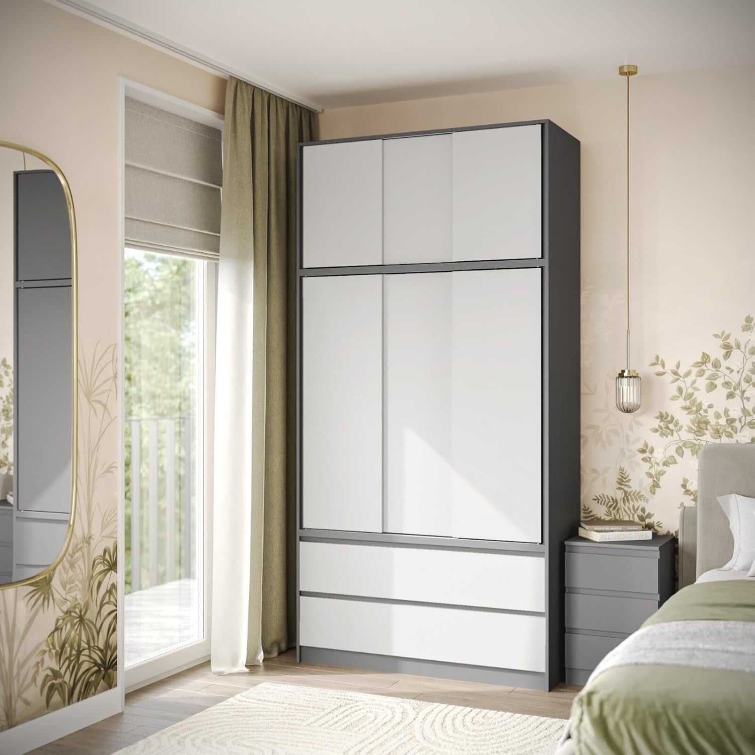 White Sliding Wardrobe 240cm 6 Doors 4 Drawers Modern Bedroom Closet Storage