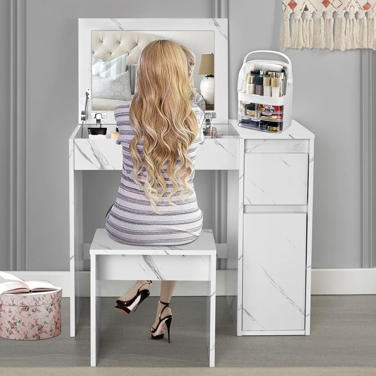 2-in-1 Makeup Vanity Dressing Table Desk Flip Mirror White Marble 1 Drawer Stora