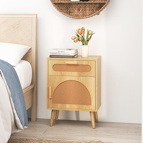 Boho Wooden Rattan Bedside Table with Drawer & Door Solid Wood Legs 45x30x61cm