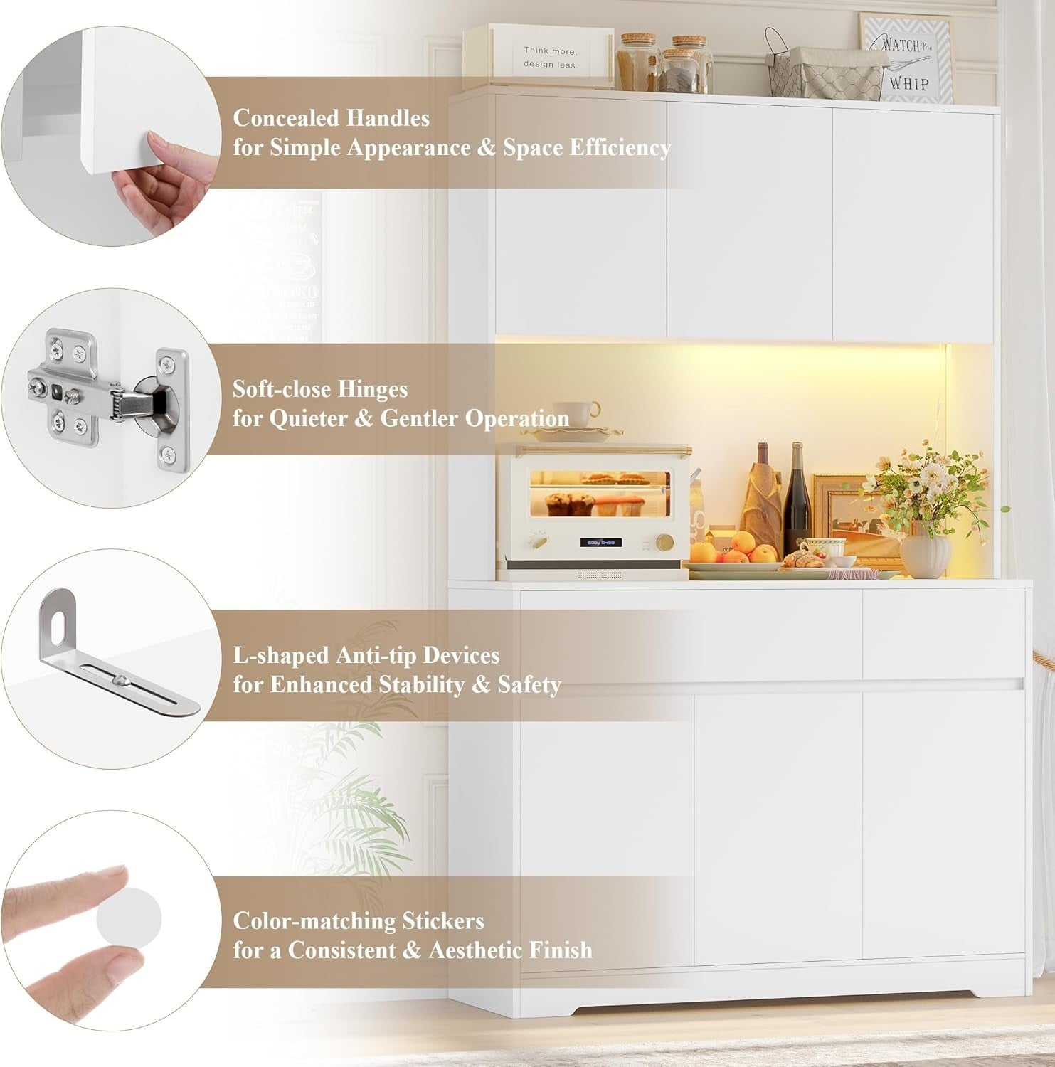 White 180cm Tall Kitchen Cupboard 6 Doors 2 Drawers LED & Power Outlet
