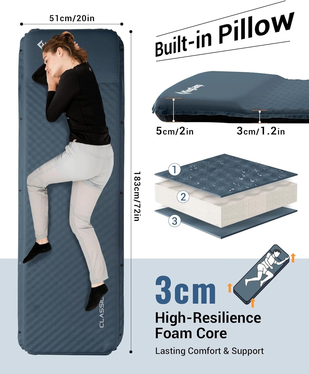 Self-Inflating Camping Mat 183x51x3cm Ultralight Sleeping Pad Air Mattress