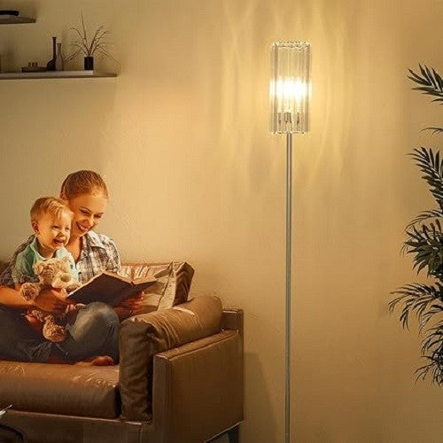 Modern Crystal Floor Lamp Chrome Glass Shade Tall Standing Light Living Room