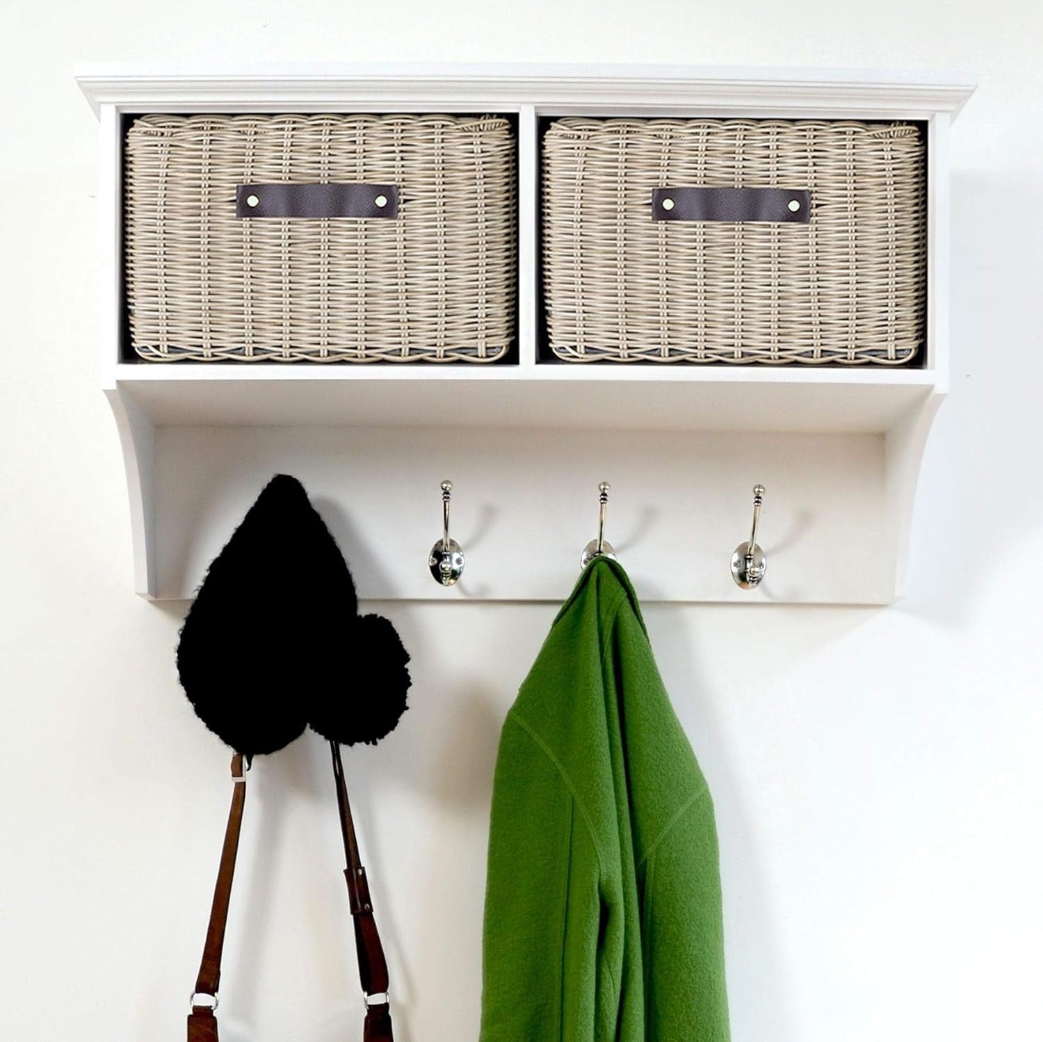 White Wall Mounted Coat Rack with Baskets & Hooks Hallway Storage Shelf Unit