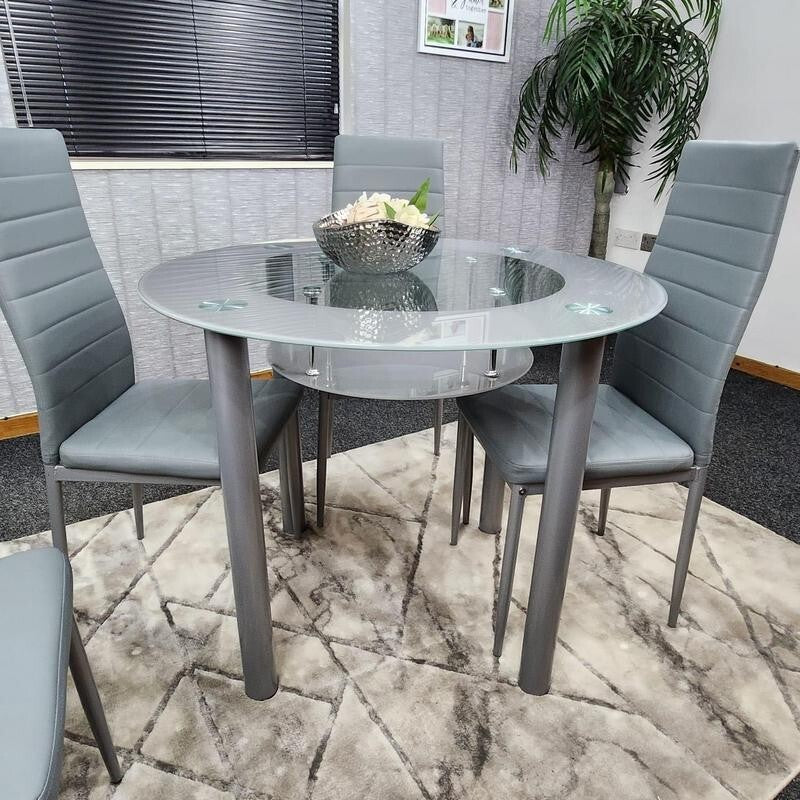 Round Grey Glass Dining Table Set with 4 Faux Leather Chairs Modern