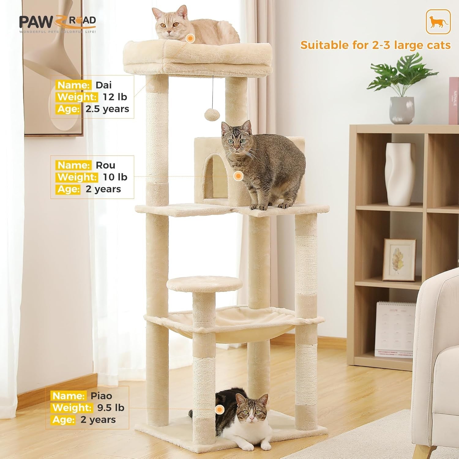 Large Cat Tower 143cm Multi Level Scratching Posts Hammock Condo