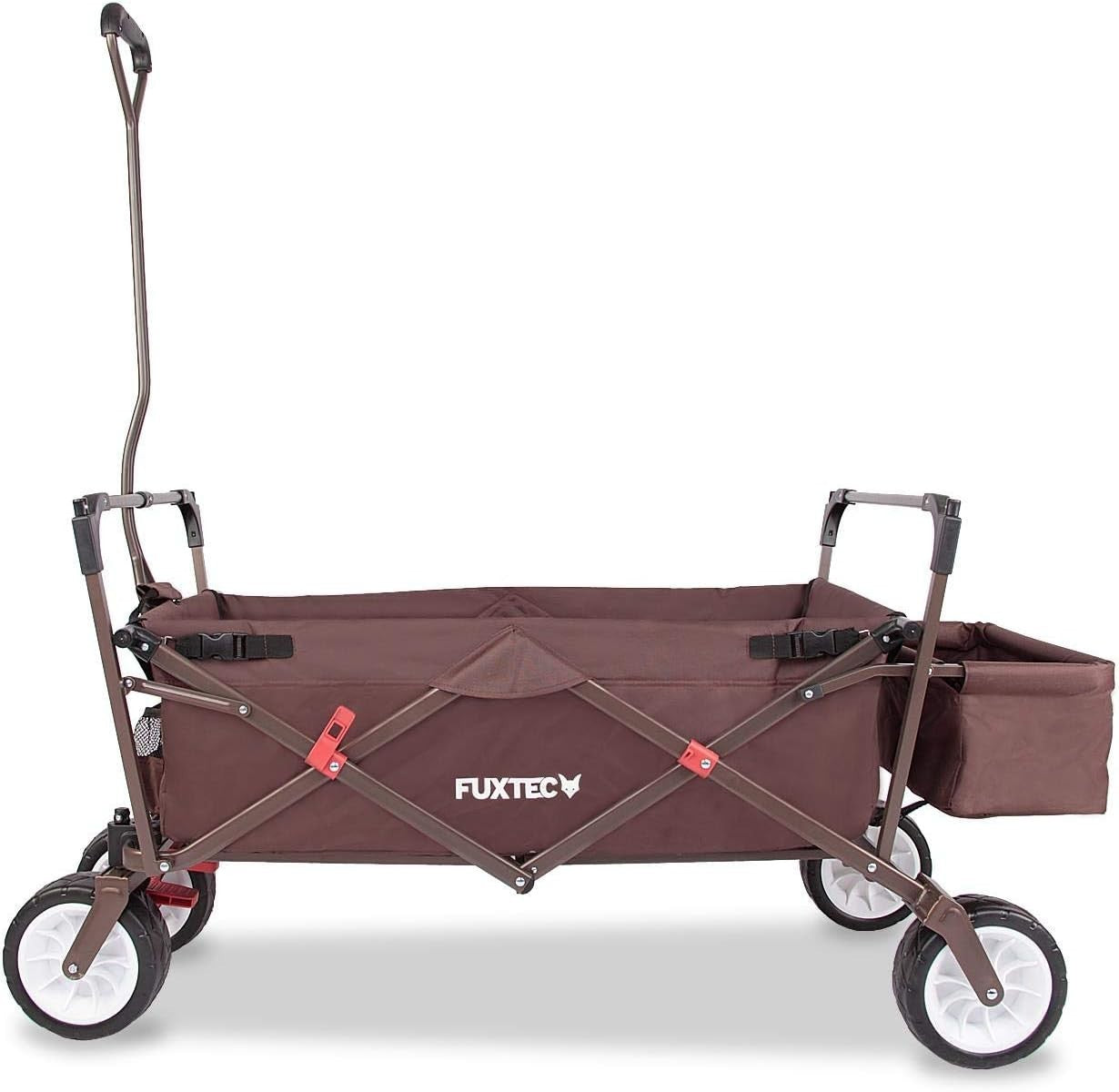 Brown Folding Wagon w/ Canopy Compact Pull Cart Garden Trolley w/ Rear Bag