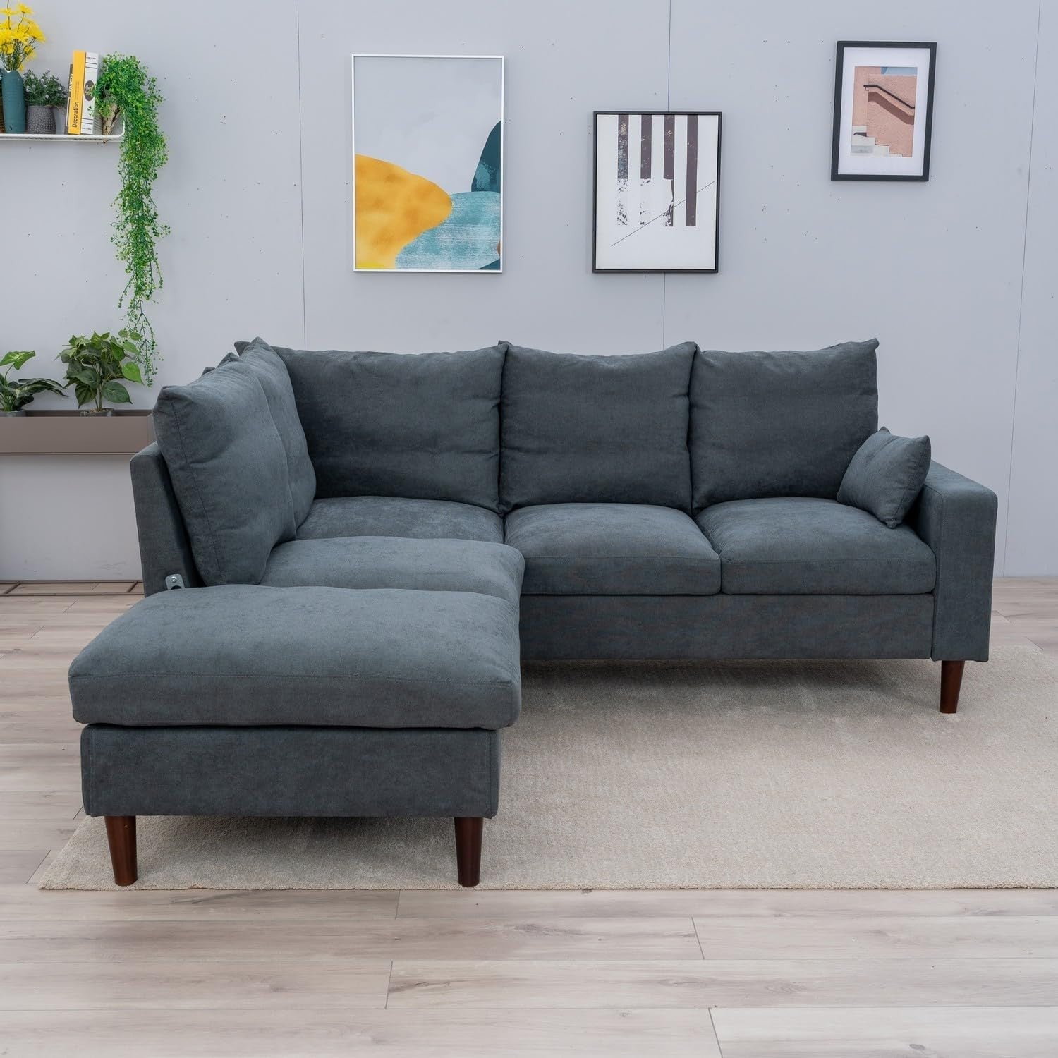 5 Seater Grey Linen Corner Sofa with USB Port Chaise L-Shape Wood Legs