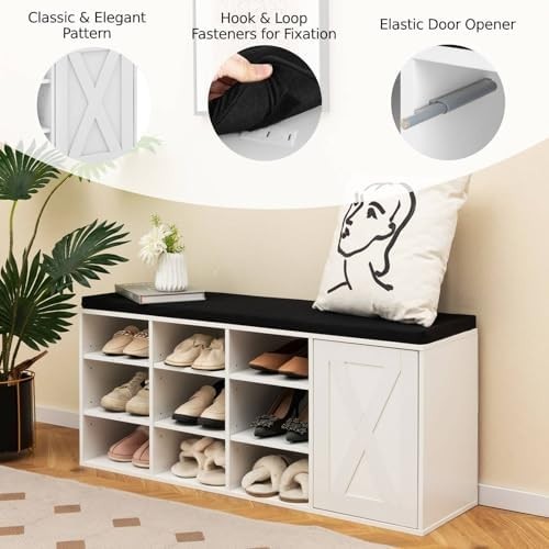 Wooden Shoe Storage Bench with Cushion & Barn Door, 9 Compartments