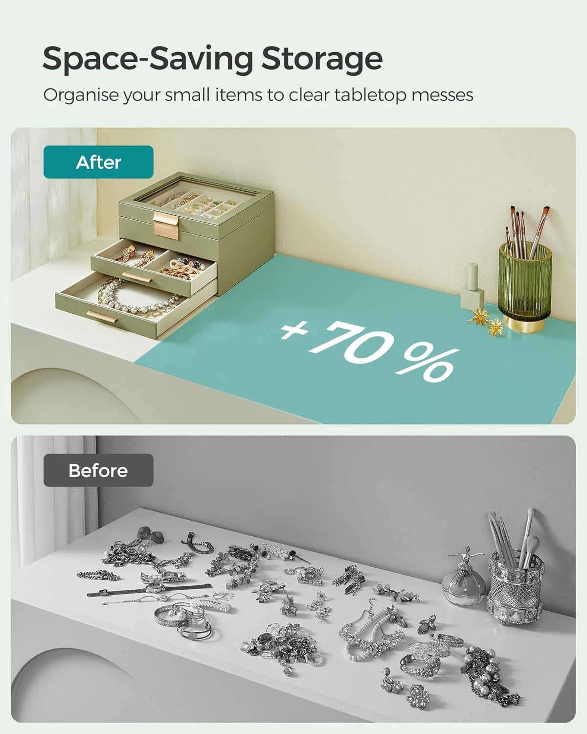 Avocado Green Gold Jewellery Box Glass Lid 3 Tier Organizer with Drawers