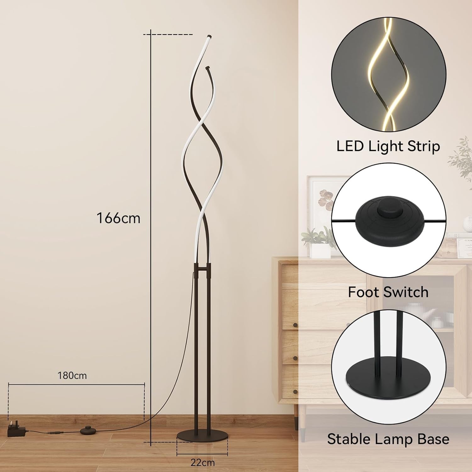 LED Spiral Floor Lamp Dimmable Corner Standing Light Modern Tall Lamp