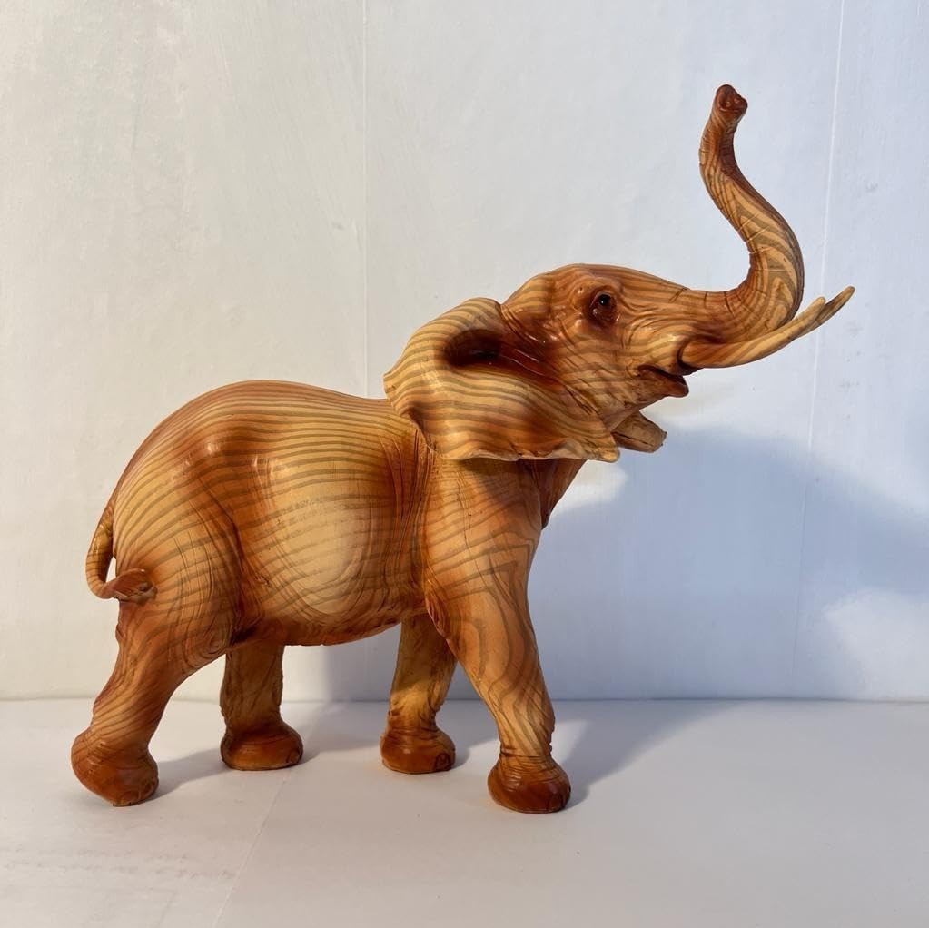 Wood Effect Elephant Ornament | Resin Wildlife Decor | Raised Trunk Figurine