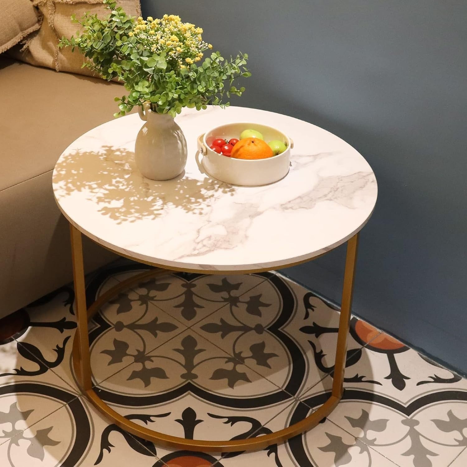 Round Gold Nesting Coffee Table Set White Marble Top Modern Side End Tables
