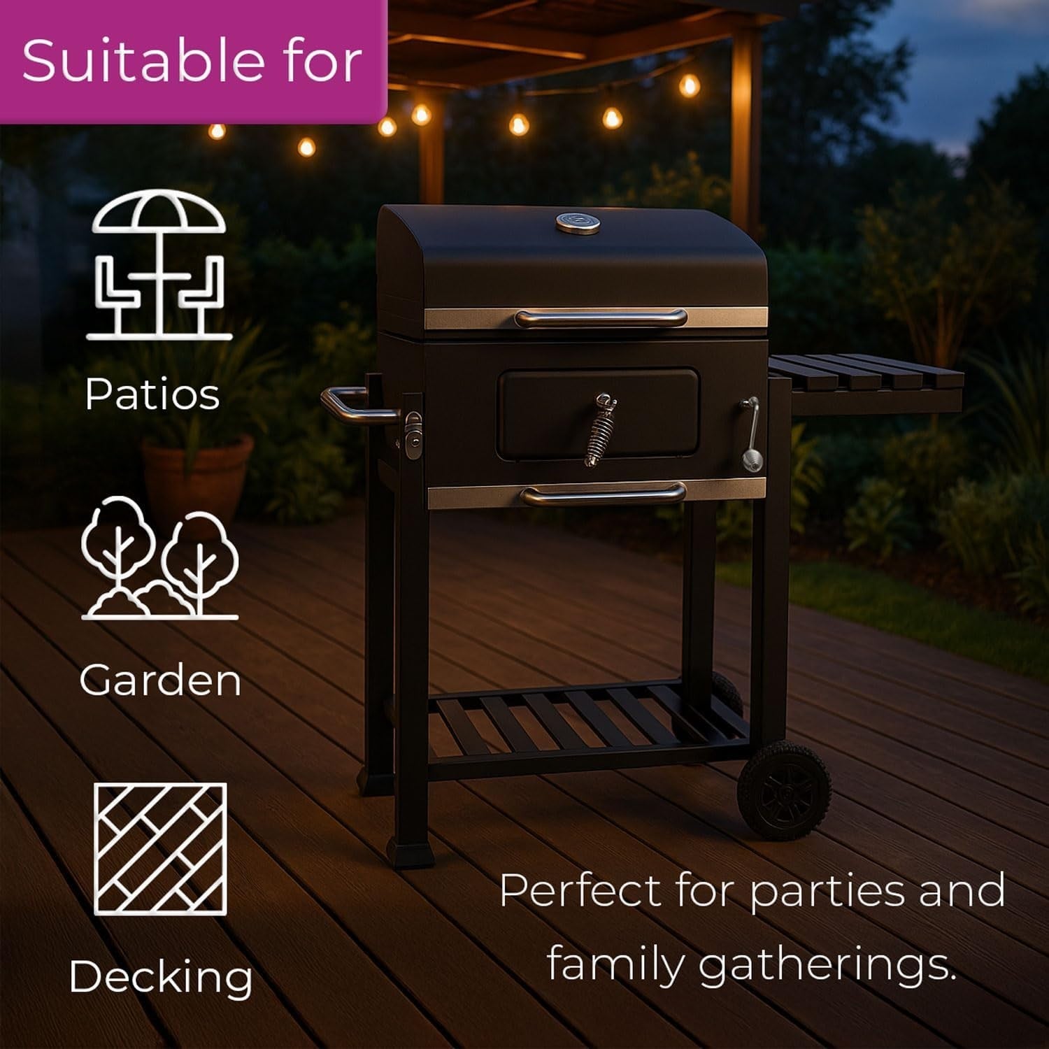 Portable Charcoal Smoker BBQ Grill | Adjustable Tray | Built-In Thermometer