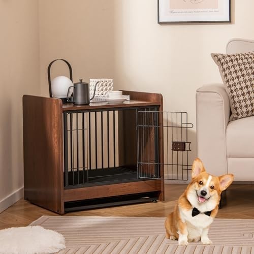 Wooden Dog Crate Furniture with Lockable Door, Tray & Foot Pads for Small Dogs