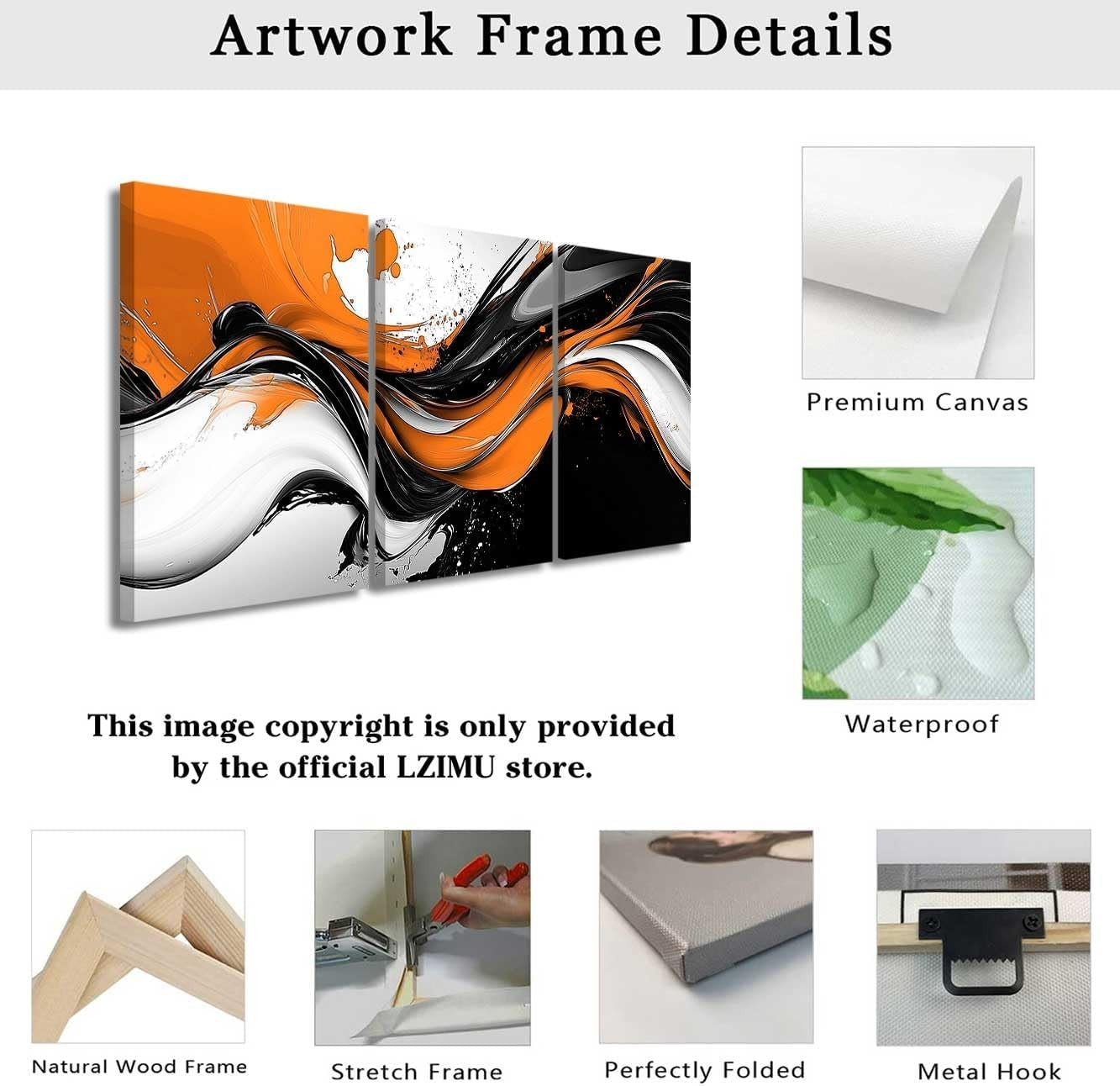 3-Piece Abstract Canvas Wall Art 11x14 in Black White Orange Modern Decor