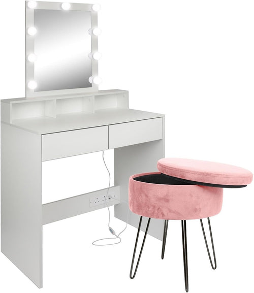 Pink Vanity Dressing Table Makeup Desk LED Mirror 2 Drawers Storage Wood