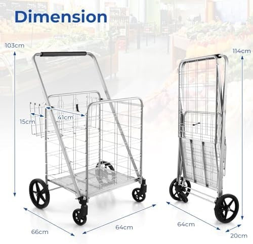 126L Foldable Shopping Trolley Cart – Heavy-Duty Metal, Waterproof, Black+Silver