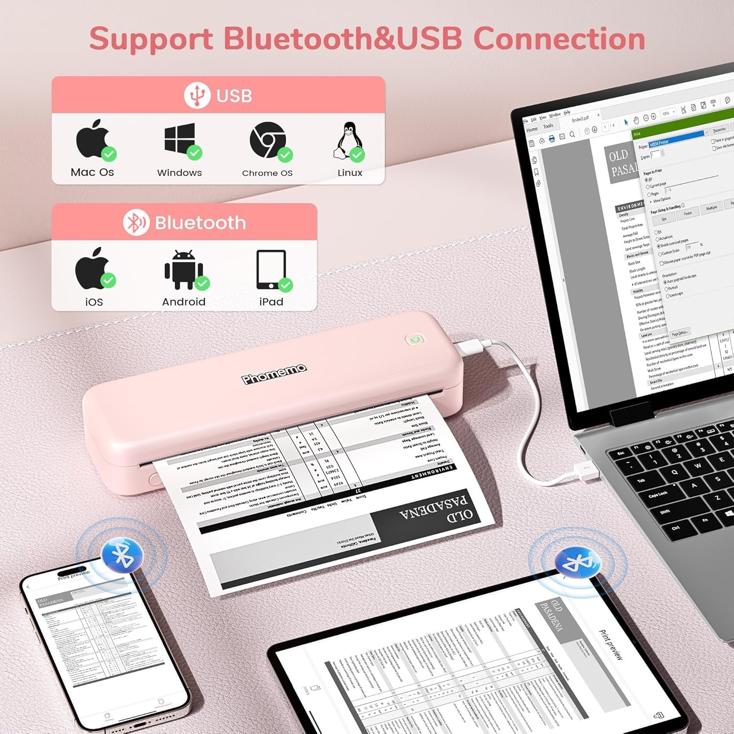 Portable A4 Thermal Printer Bluetooth Inkless 4 Rolls Pink