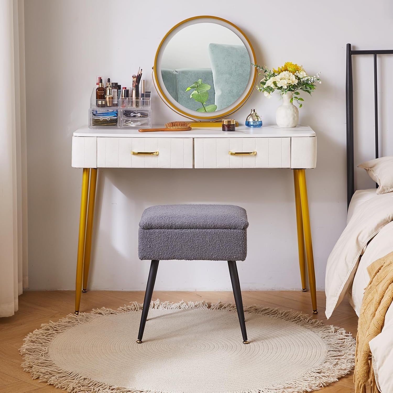Grey Teddy Fur Vanity Stool with Storage – Soft Ottoman Chair for Bedroom