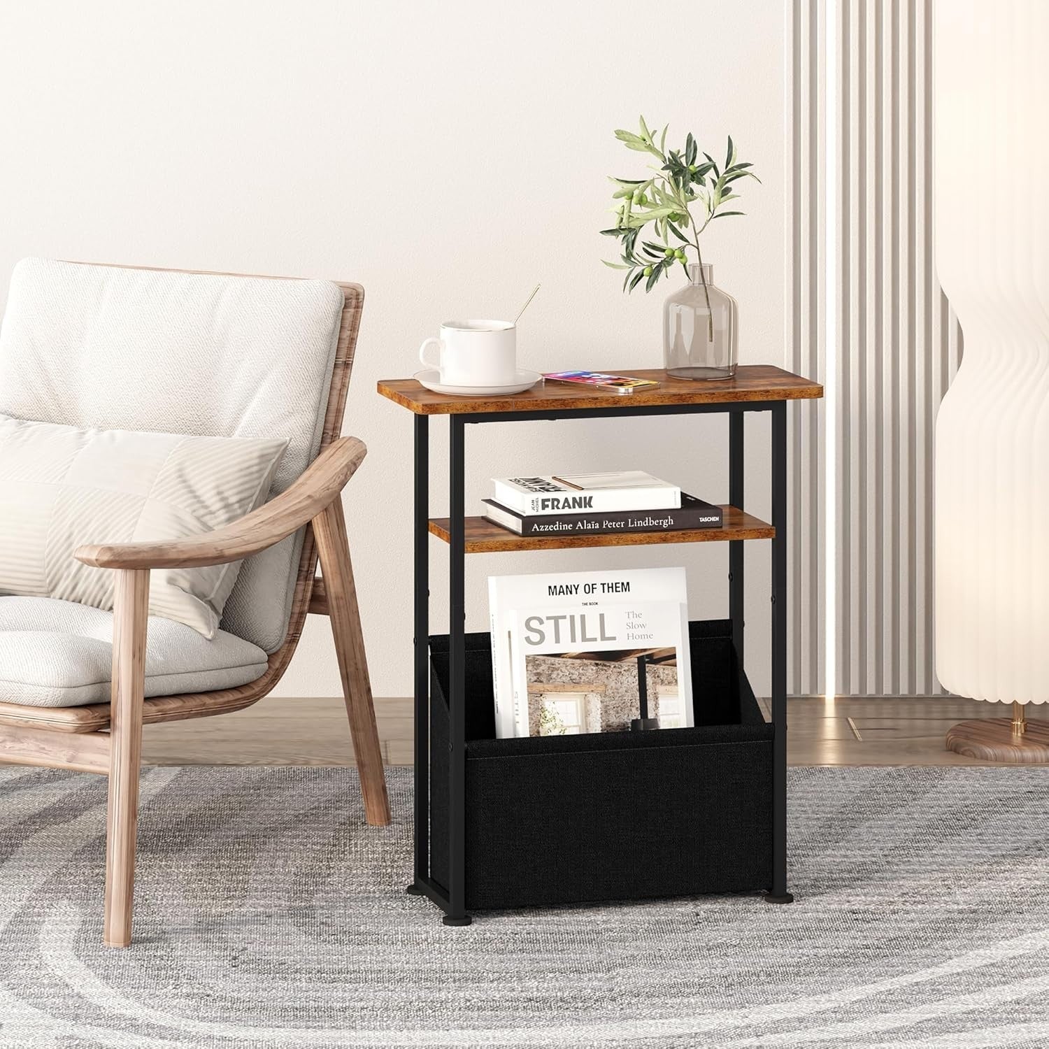 Rustic Narrow Side Table 3-Tier with Storage Basket – Slim Bedside Unit