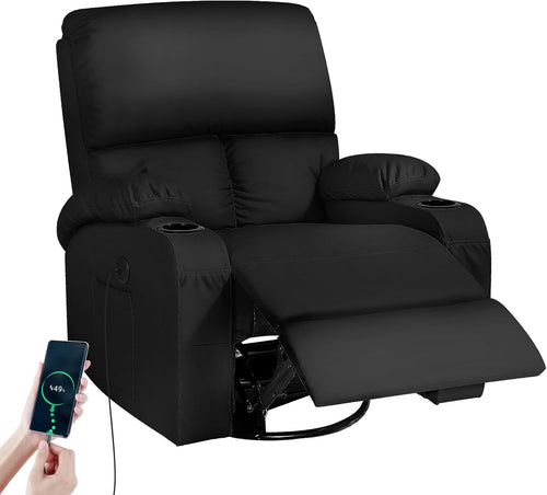Swivel Rocking Recliner Chair Massage Heat 150° Recline USB Type-C Faux Leather
