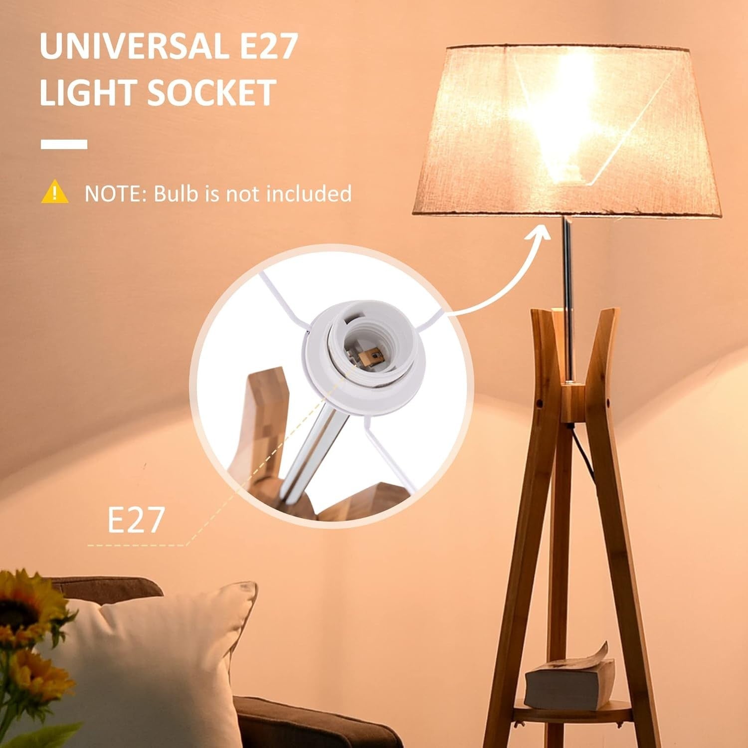 Wood Tripod Floor Lamp with Shelf E27 Grey Shade Tall Light for Living Room