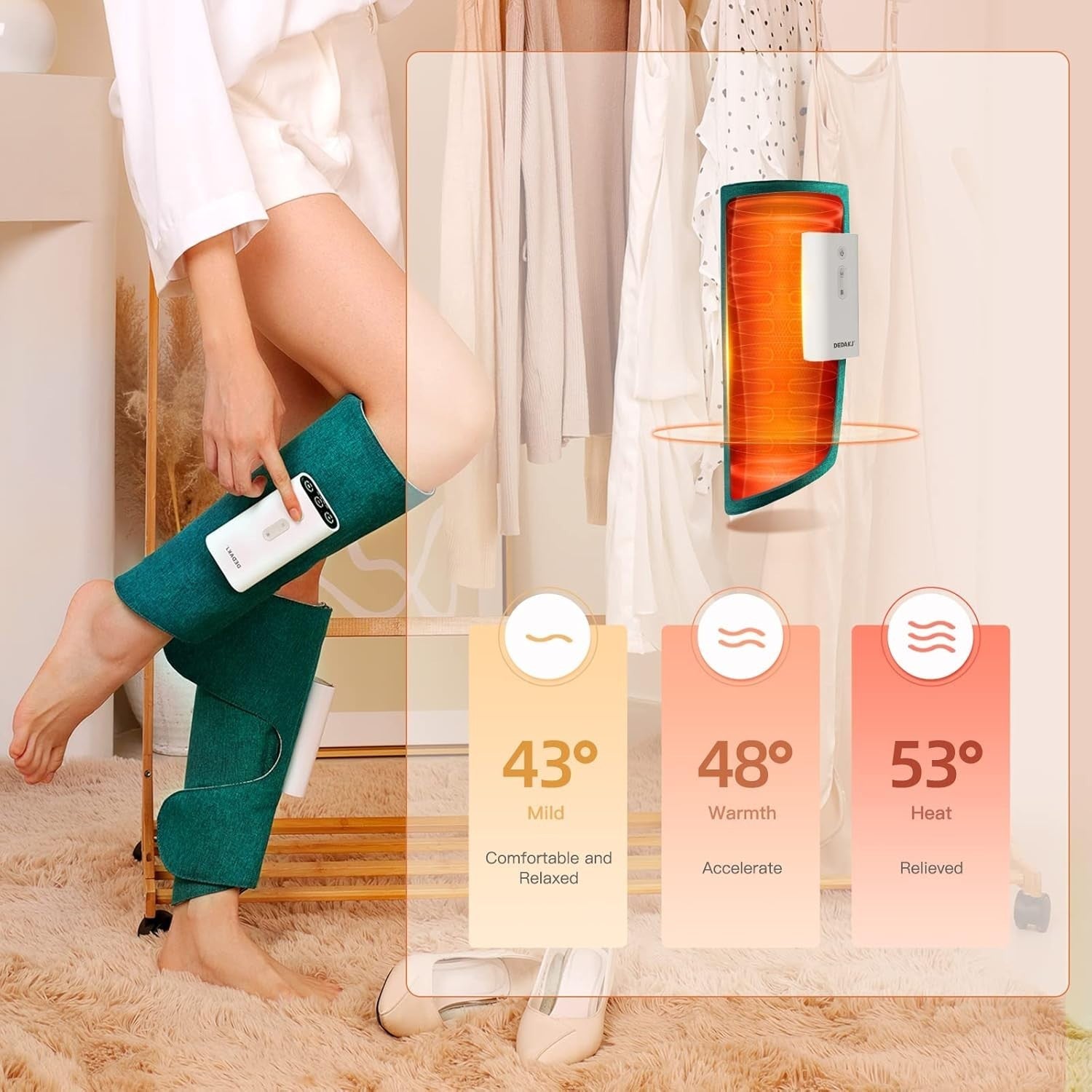 Wireless Calf Leg Massager Compression Air Therapy with 3 Heat & Vibration Modes