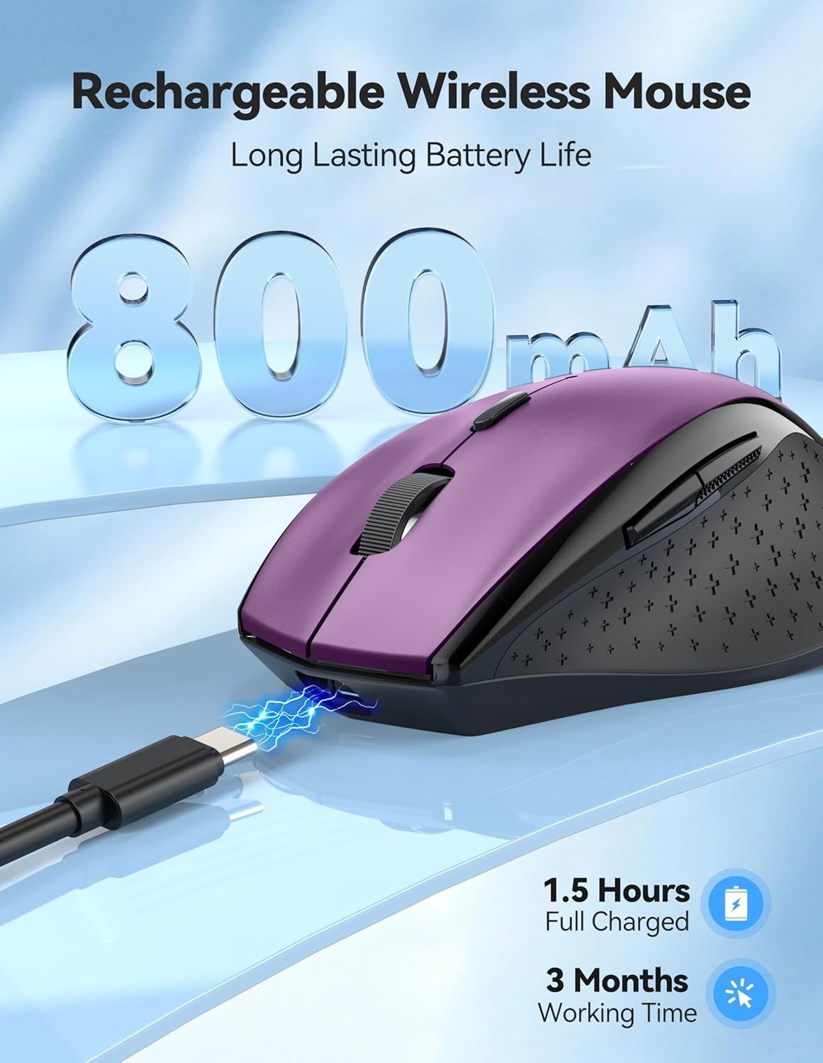 Purple Rechargeable Wireless Mouse 6400 DPI Silent Ergonomic USB Laptop PC