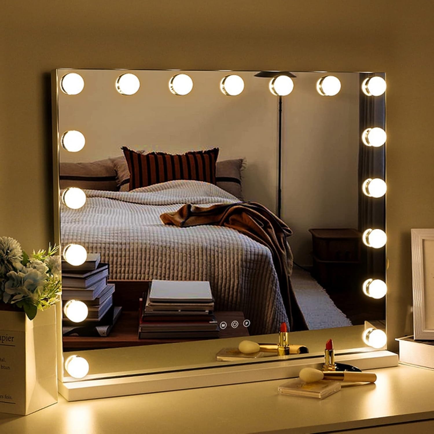 Large Vanity Mirror 80x60cm with LED Lights, Dimmable, 10X Magnifier, USB