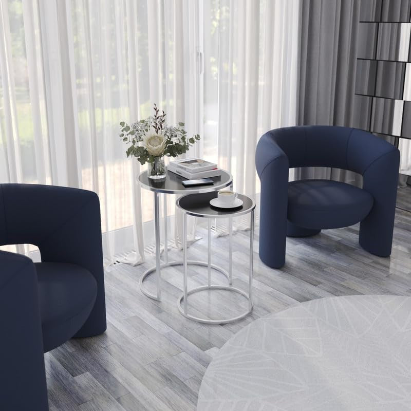 Set of 2 Round Nesting End Tables Glass Top Chrome Legs Modern Living Room