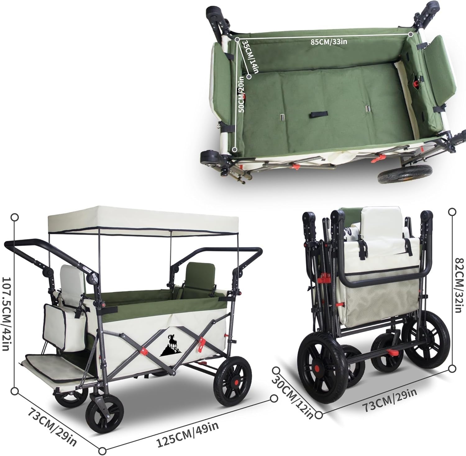 Green/Beige Folding Wagon w/ Roof Brakes 120kg Heavy Duty Cart PU Tyres & Seats