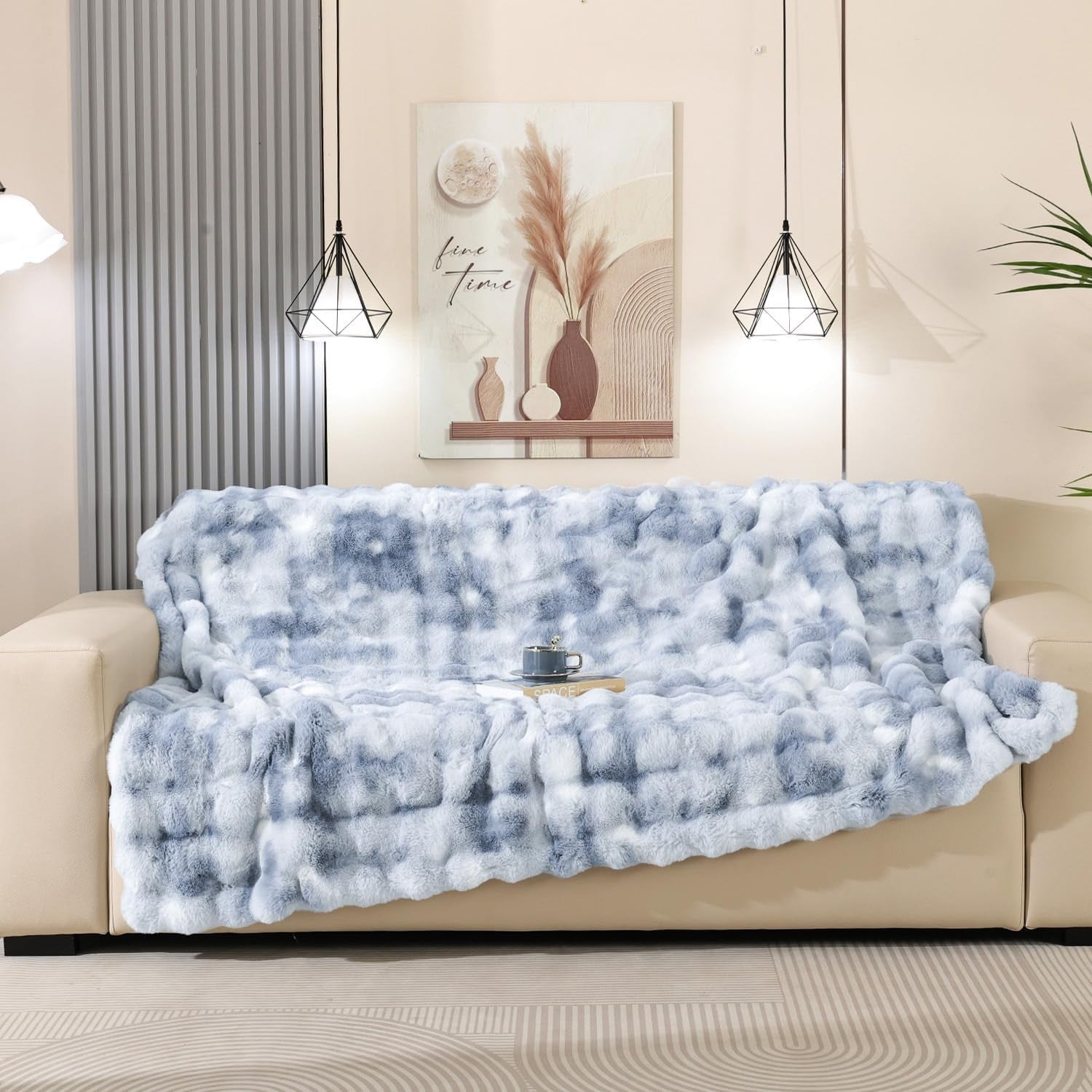 Tie Dye Blue Faux Fur Bubble Throw Blanket Soft Warm Plush Sofa 50x60in