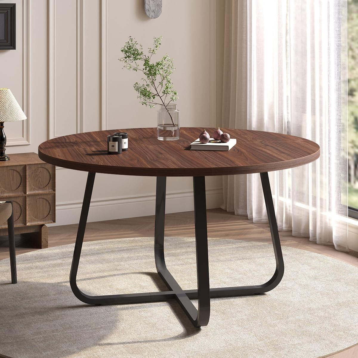 Round Walnut Dining Table 4-6 Seater Wood Metal Kitchen Home 130cm