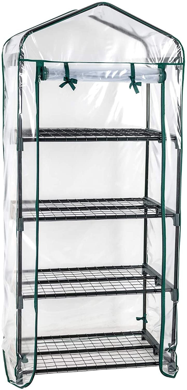 4-Tier Mini Greenhouse | Compact PVC Plant House | Roll-Up Zip Door | Iron Frame