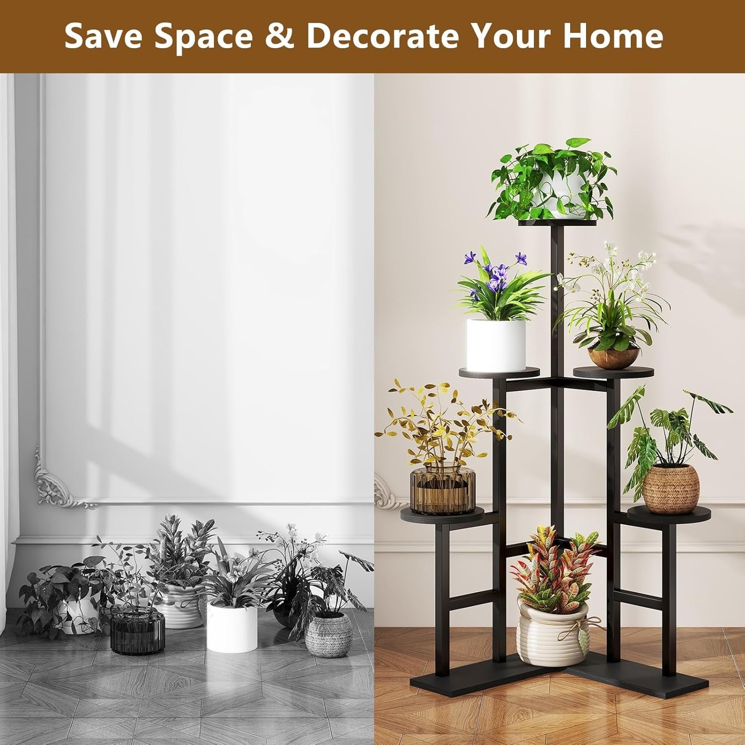 6 Tier Black Metal Wood Plant Stand | Tall Indoor Corner Flower Pot Display Shel