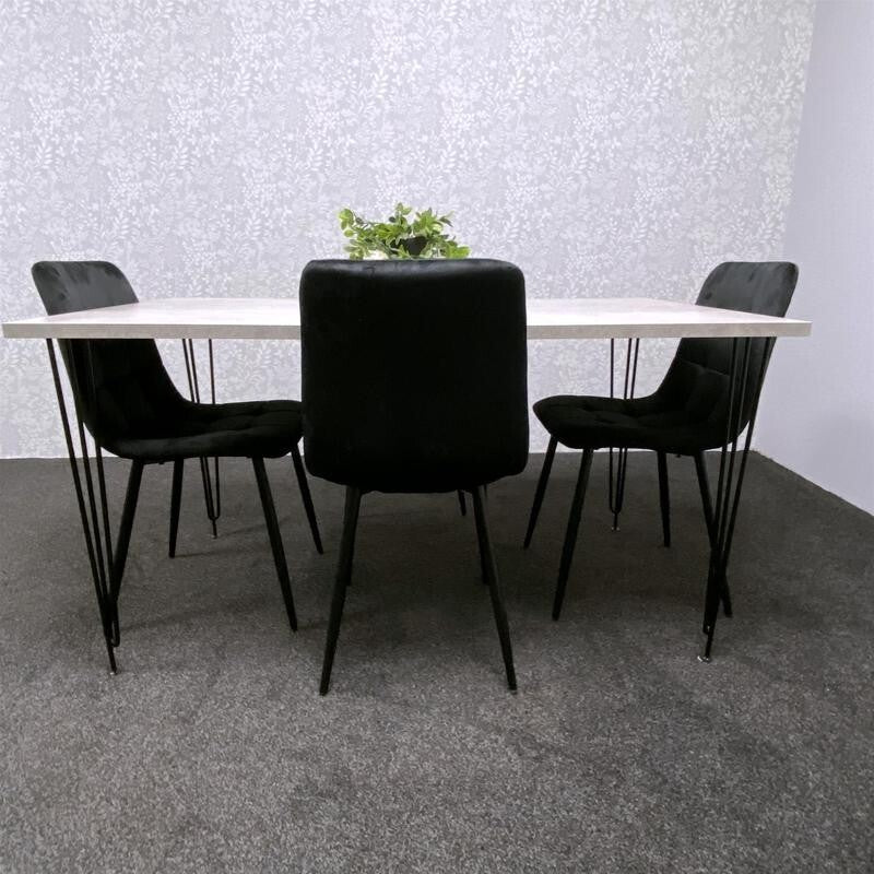 Grey Dining Table Set with 4 Black Velvet Chairs – Hairpin Legs 4 Seater