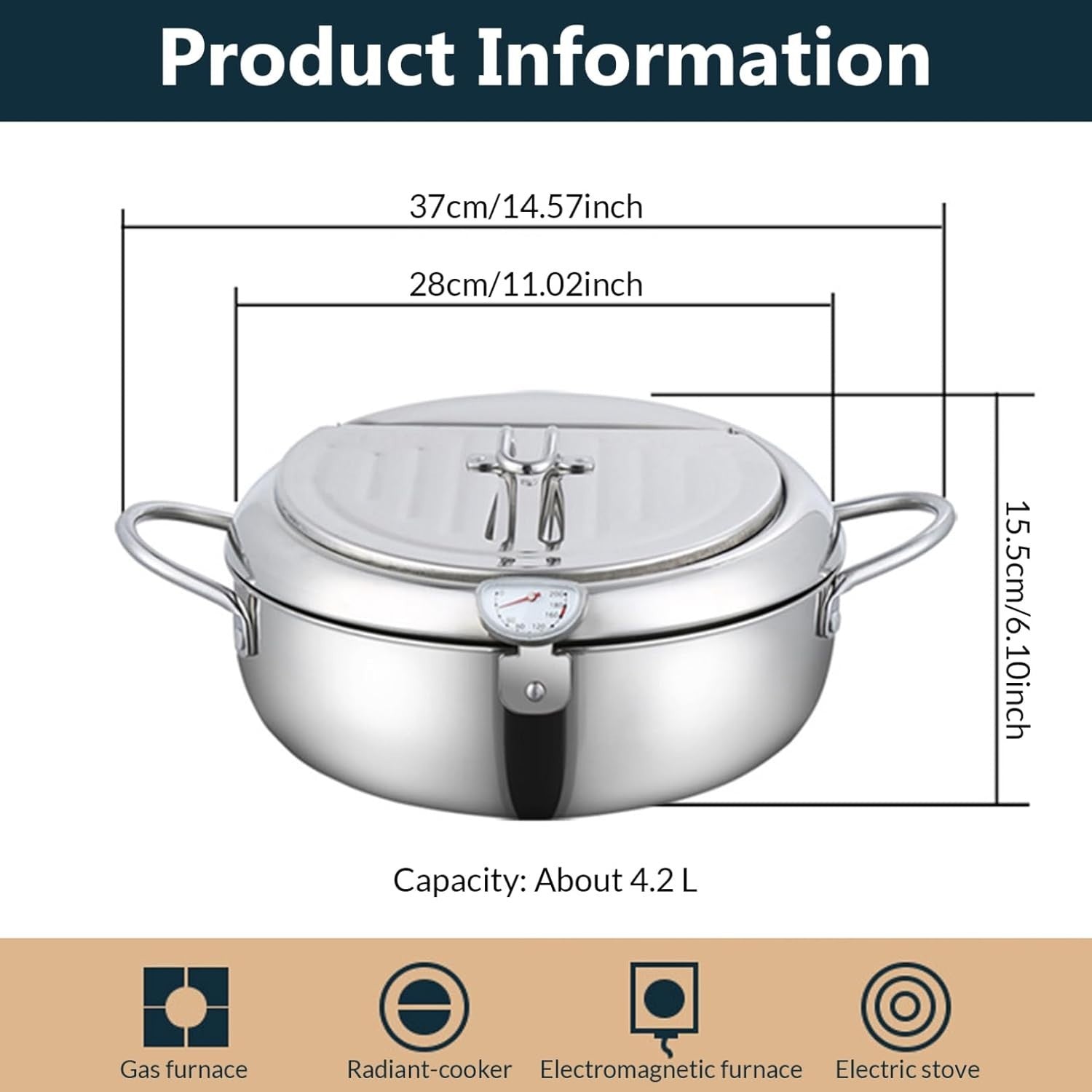 4.2L Japanese Tempura Frying Pot Stainless Steel w Thermometer Rack