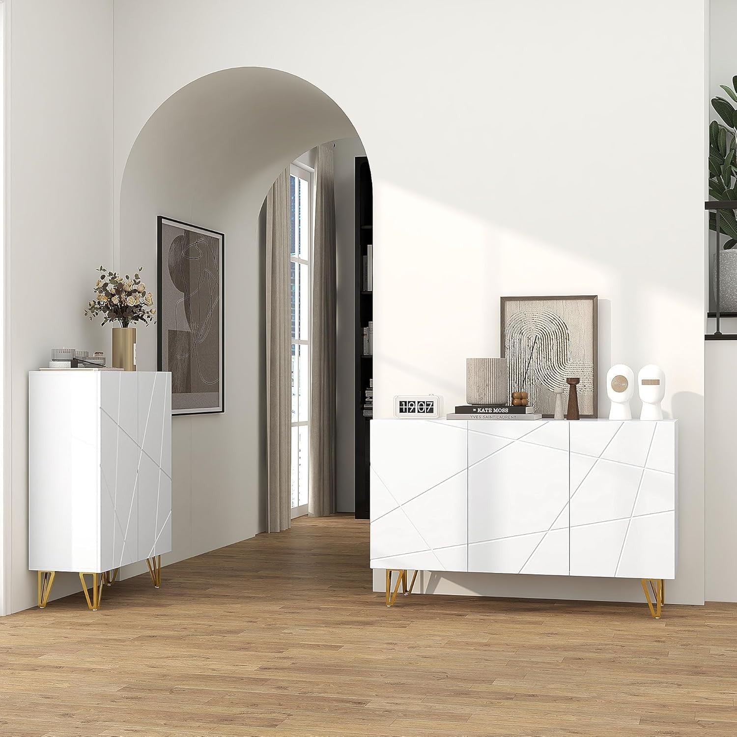 High Gloss Sideboard Cabinet White Gold Legs Modern Storage Unit 120cm